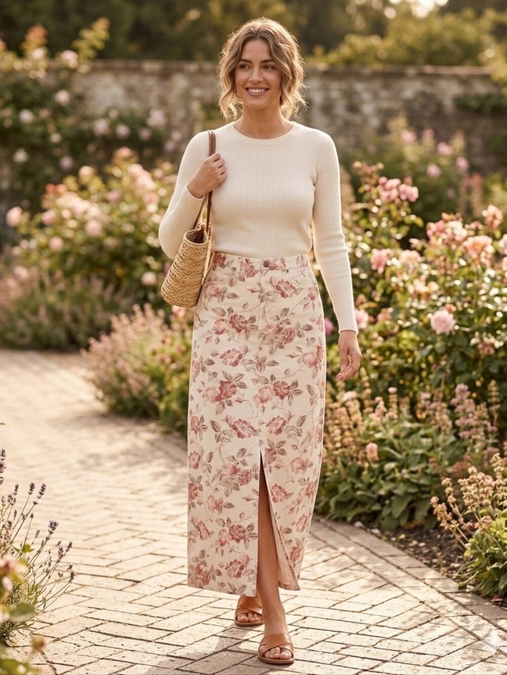 Floral 100% Cotton Beige Maxi Skirt with Front Slit Eddie Bauer